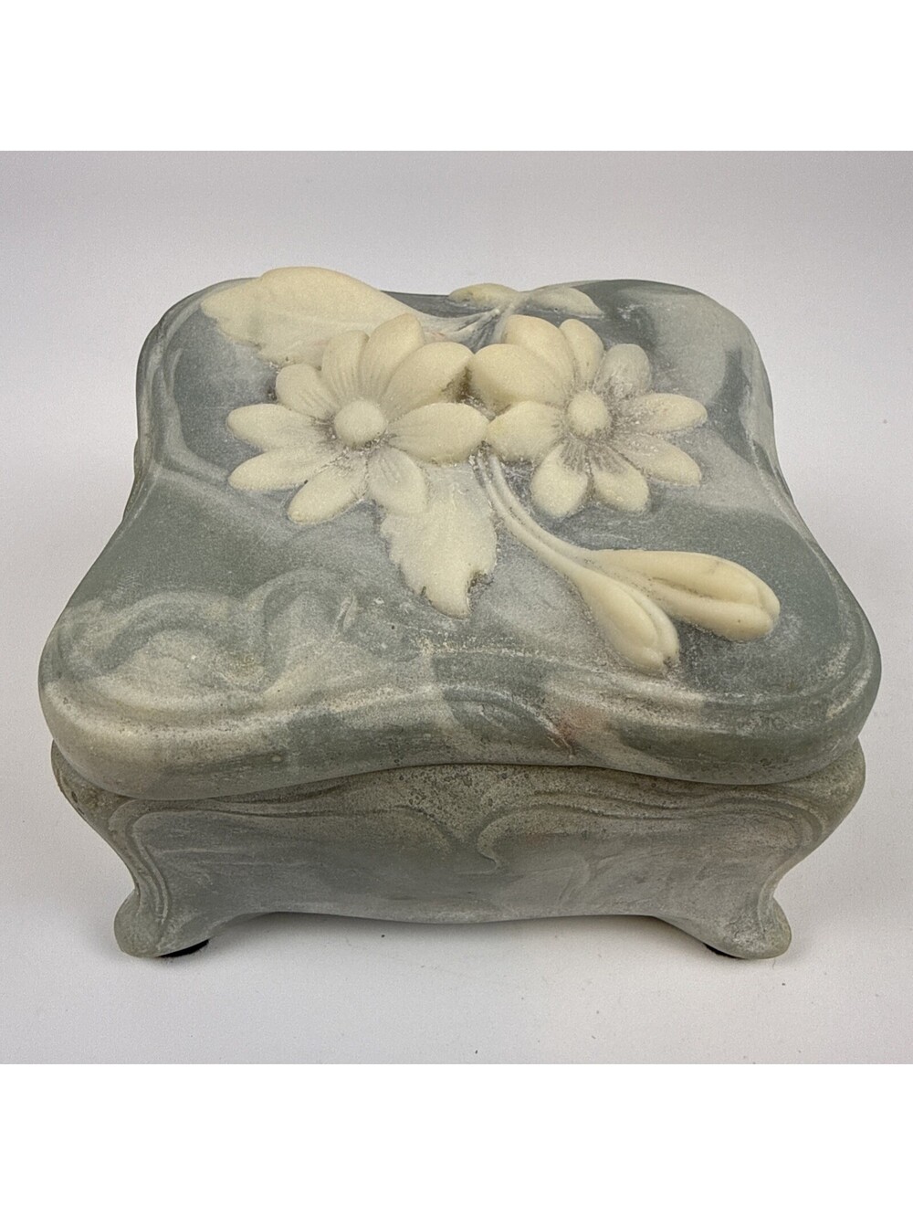 GENUINE INCOLAY STONE Jewelry Box Marbled Footed High Relief Floral Trinket